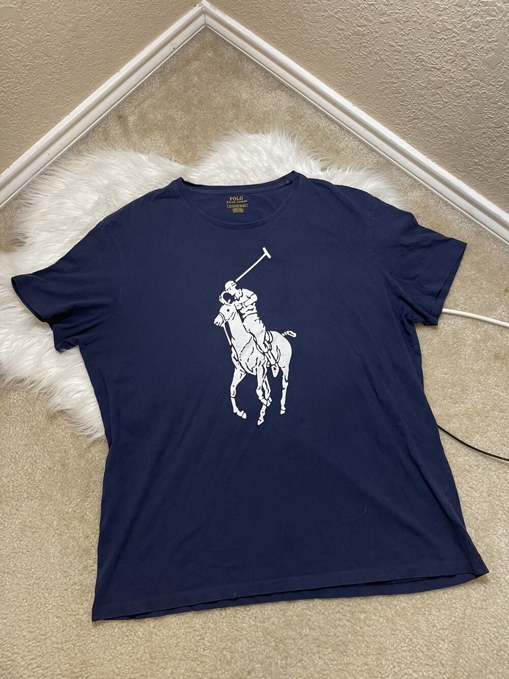 Polo Ralph Lauren Shirt Mens XL Blue White Big Pony Logo Classic Fit Crewneck